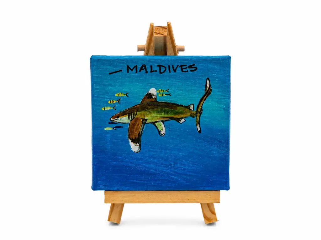 Painting Mini canvas with oceanic white-tip shark.webp